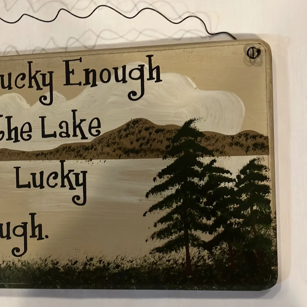 Decorative wood sign “Lake” w wire hanger - Picture 3 of 5